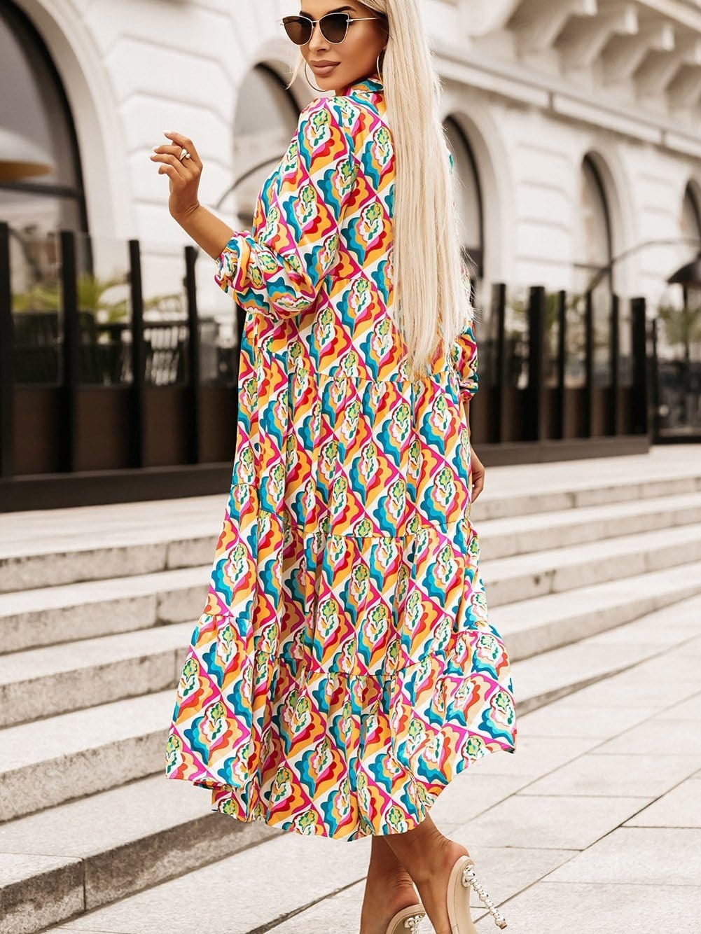 Abstract Geometric Print Multicolor Long Sleeve A-Line Dress