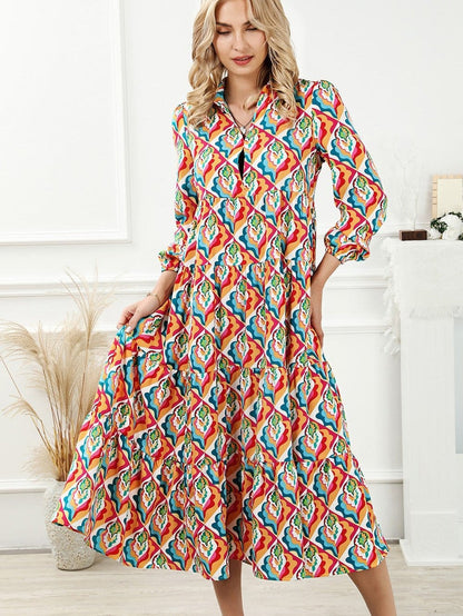 Abstract Geometric Print Multicolor Long Sleeve A-Line Dress