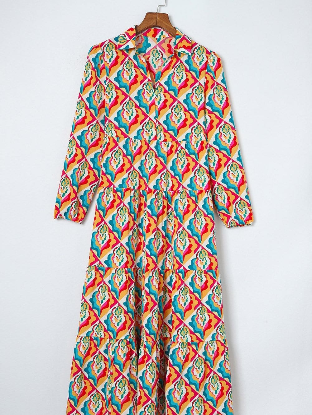 Abstract Geometric Print Multicolor Long Sleeve A-Line Dress