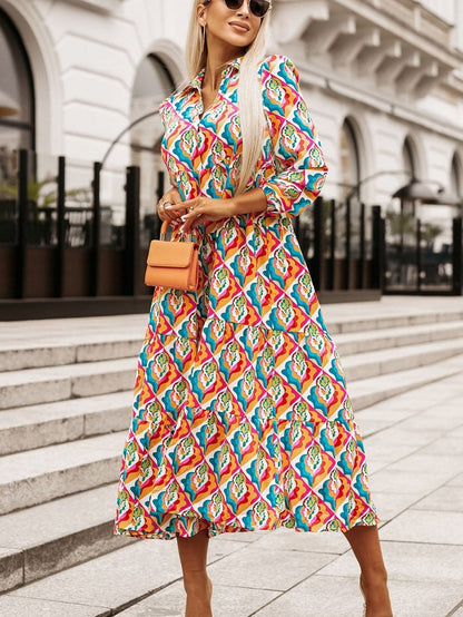 Abstract Geometric Print Multicolor Long Sleeve A-Line Dress