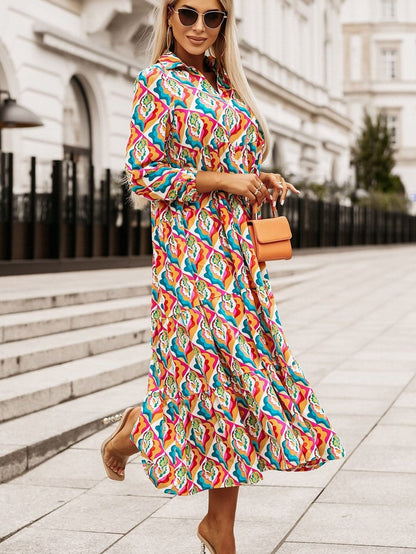 Abstract Geometric Print Multicolor Long Sleeve A-Line Dress