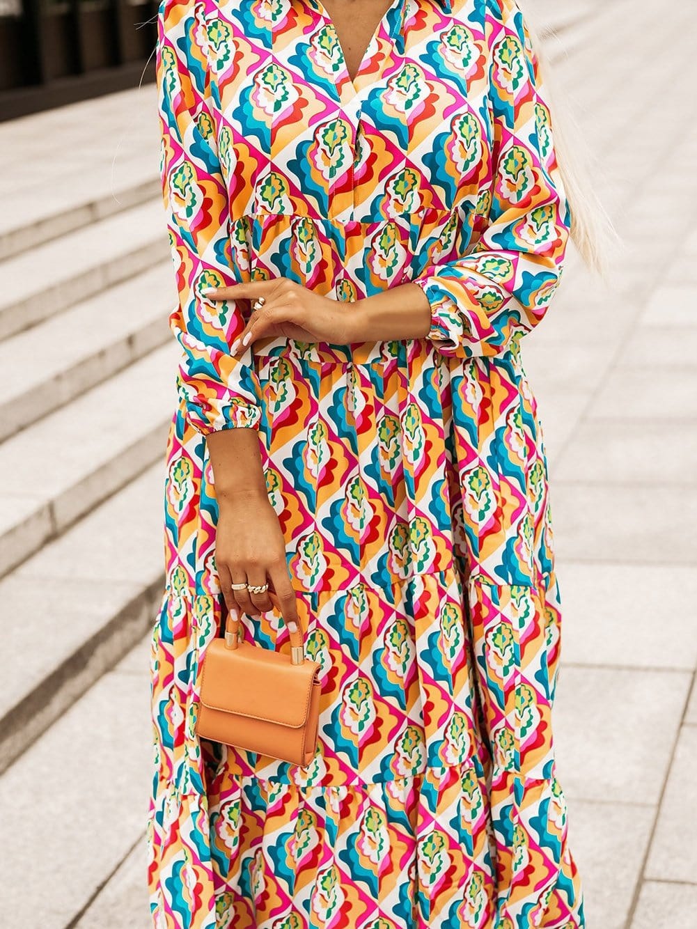 Abstract Geometric Print Multicolor Long Sleeve A-Line Dress