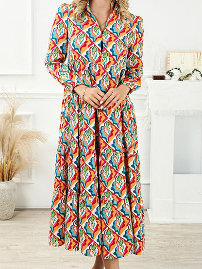 Abstract Geometric Print Multicolor Long Sleeve A-Line Dress