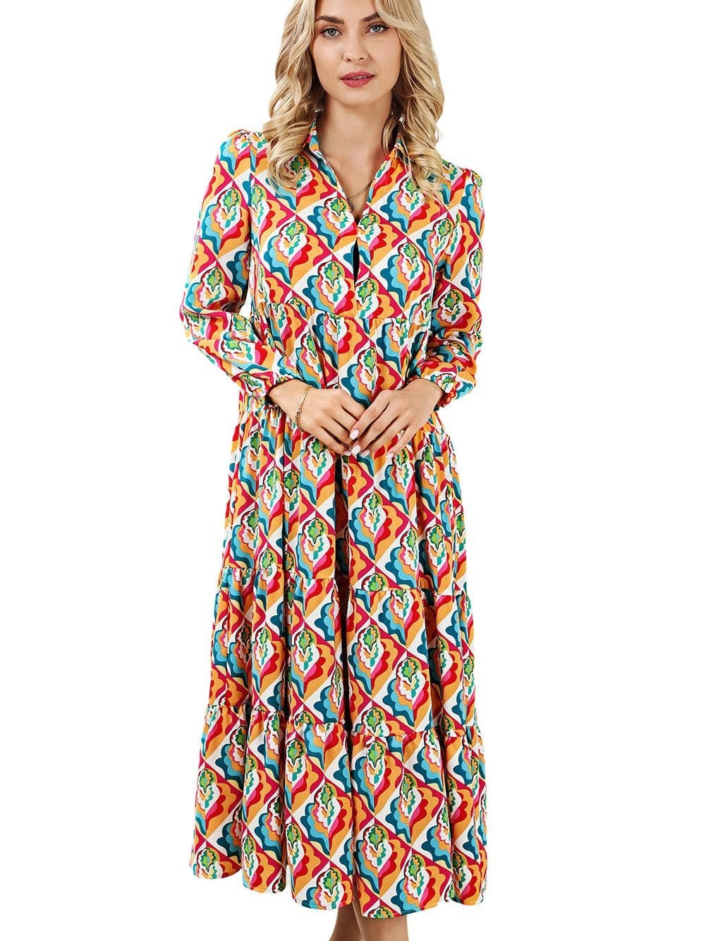 Abstract Geometric Print Multicolor Long Sleeve A-Line Dress