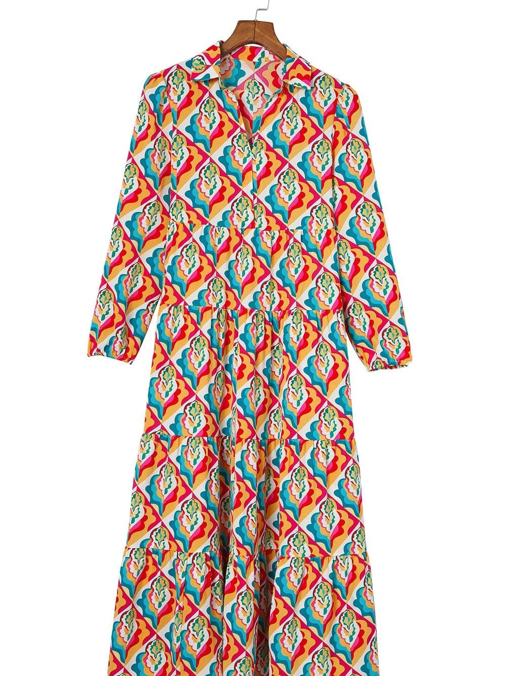 Abstract Geometric Print Multicolor Long Sleeve A-Line Dress