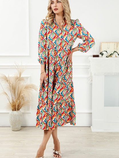 Abstract Geometric Print Multicolor Long Sleeve A-Line Dress