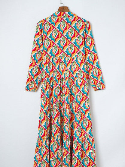 Abstract Geometric Print Multicolor Long Sleeve A-Line Dress