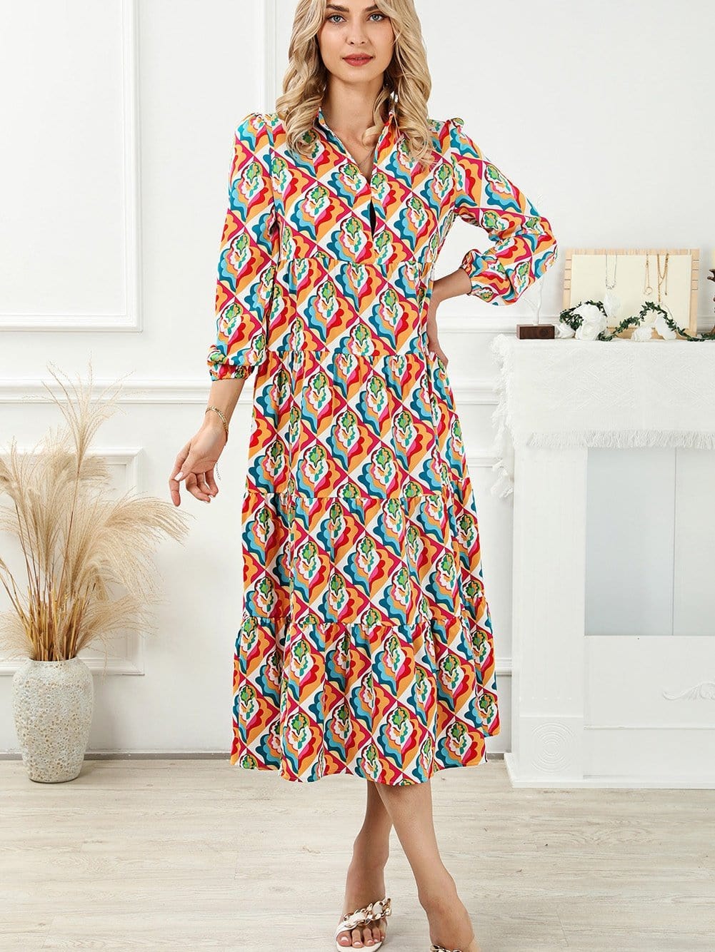 Abstract Geometric Print Multicolor Long Sleeve A-Line Dress