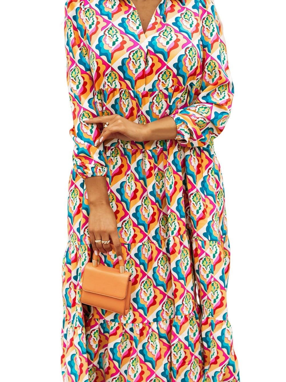 Abstract Geometric Print Multicolor Long Sleeve A-Line Dress