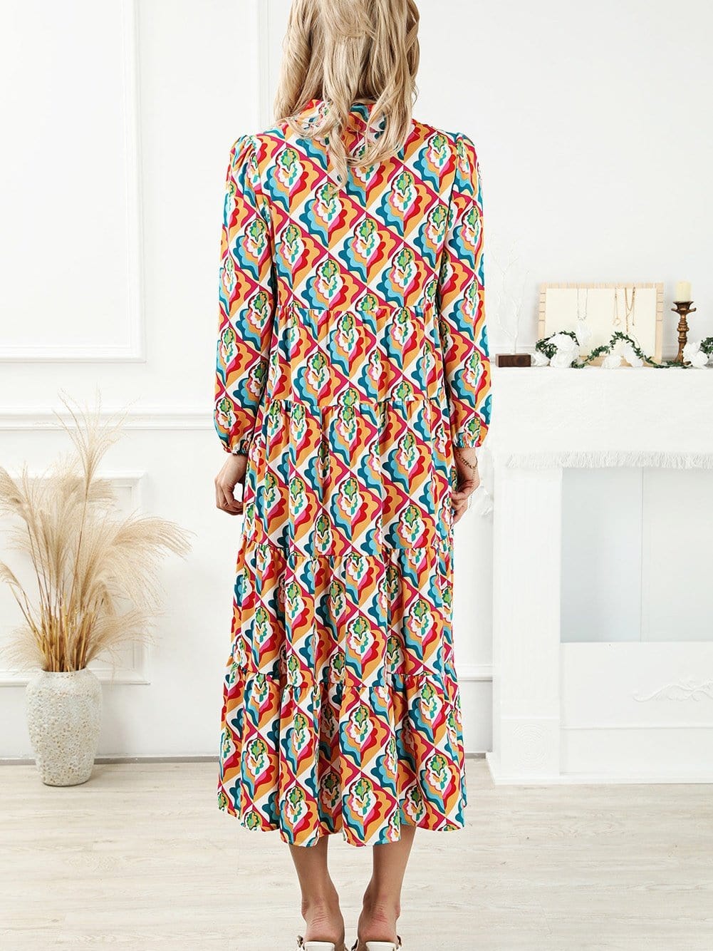 Abstract Geometric Print Multicolor Long Sleeve A-Line Dress