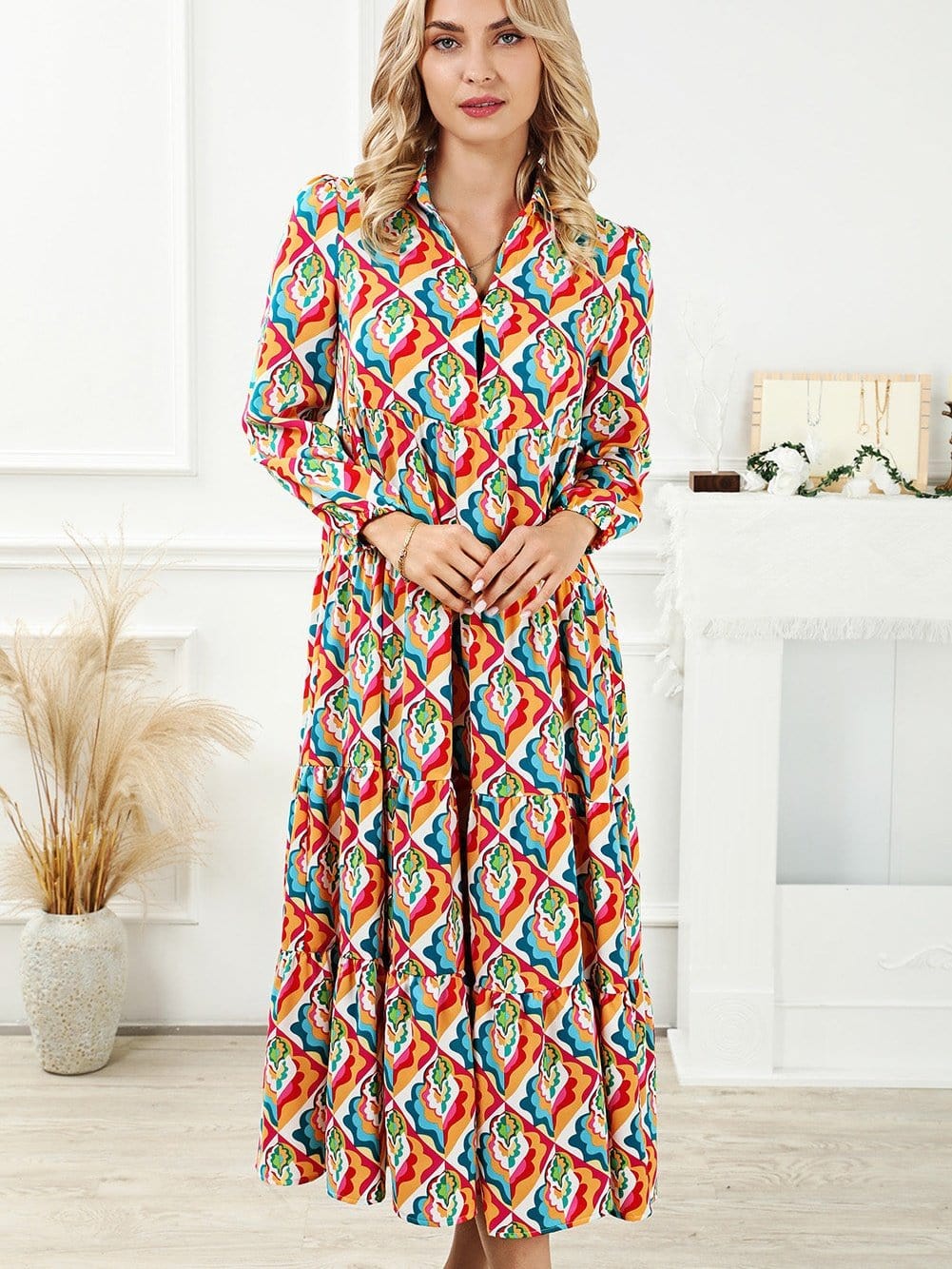 Abstract Geometric Print Multicolor Long Sleeve A-Line Dress