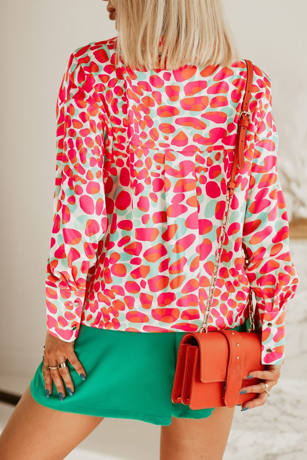 Abstract Geometric Red Print Button-Up Shirt with Bold Design