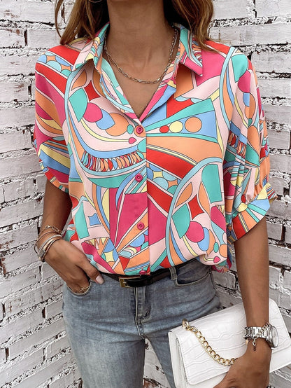 Abstract Geometry Print Puff Sleeve Blouse - Multicolor Shift Shirt