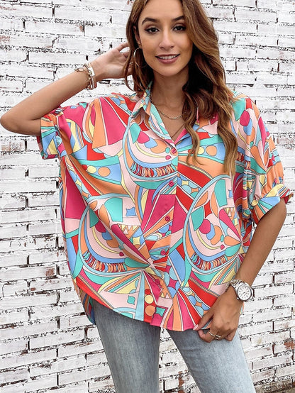 Abstract Geometry Print Puff Sleeve Blouse - Multicolor Shift Shirt