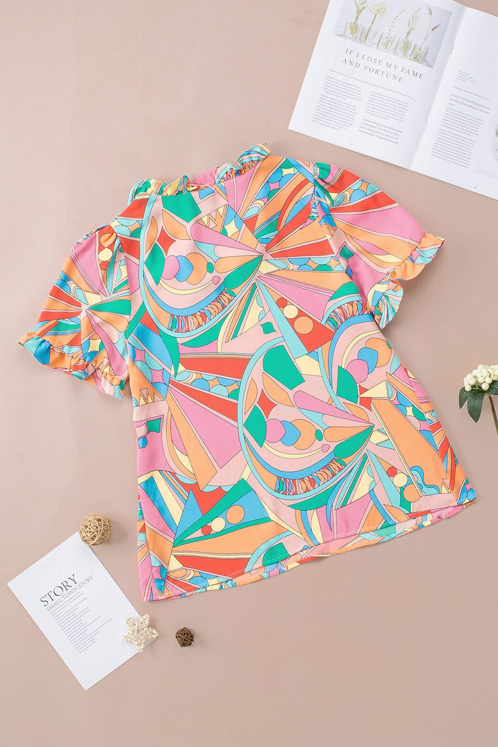 Abstract Geometry Print Ruffle Detail V-Neck Blouse