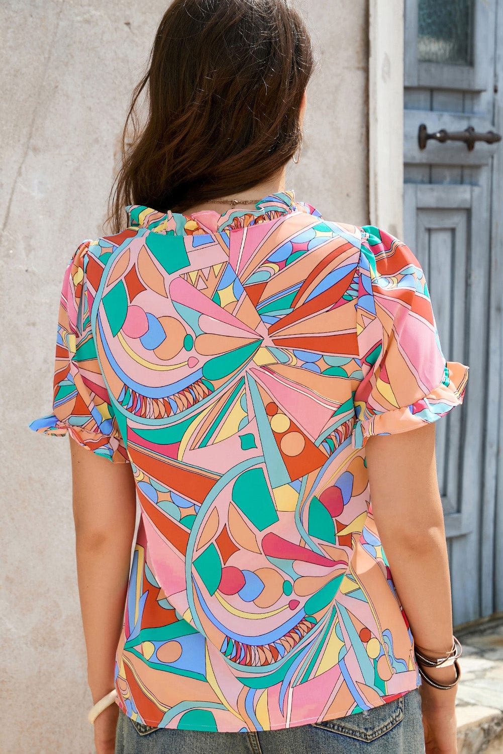 Abstract Geometry Print Ruffle Detail V-Neck Blouse