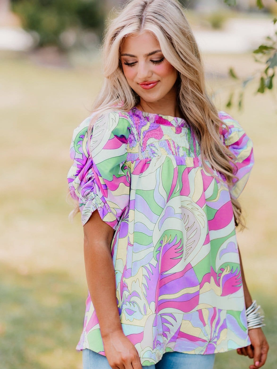 Abstract Green Bubble Sleeve Smocked Blouse with Unique Print