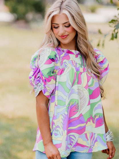 Abstract Green Bubble Sleeve Smocked Blouse with Unique Print