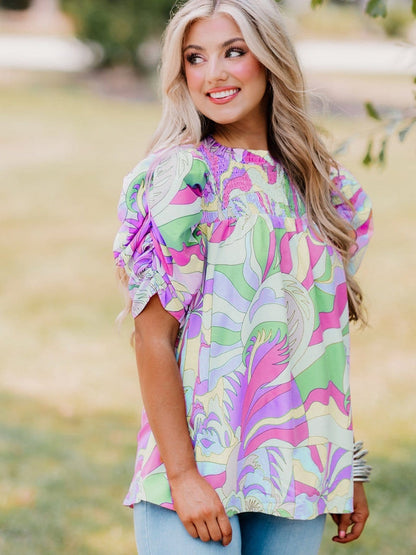 Abstract Green Bubble Sleeve Smocked Blouse with Unique Print