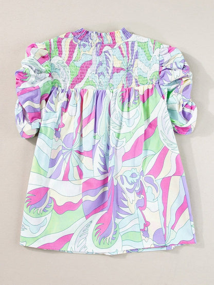 Abstract Green Bubble Sleeve Smocked Blouse with Unique Print