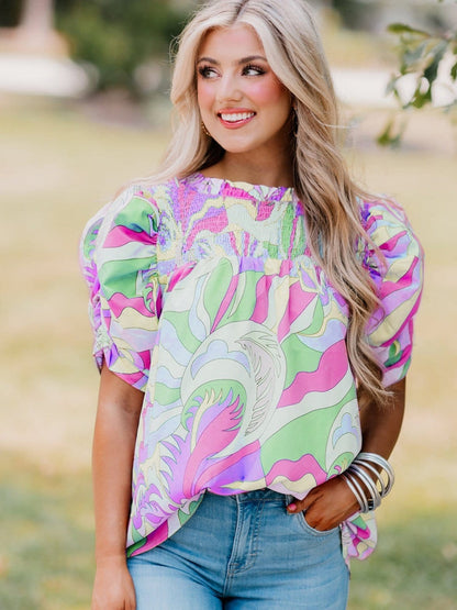 Abstract Green Bubble Sleeve Smocked Blouse with Unique Print