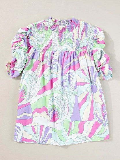 Abstract Green Bubble Sleeve Smocked Blouse with Unique Print