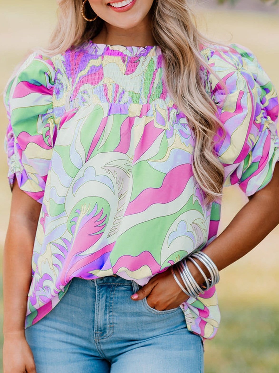 Abstract Green Bubble Sleeve Smocked Blouse with Unique Print