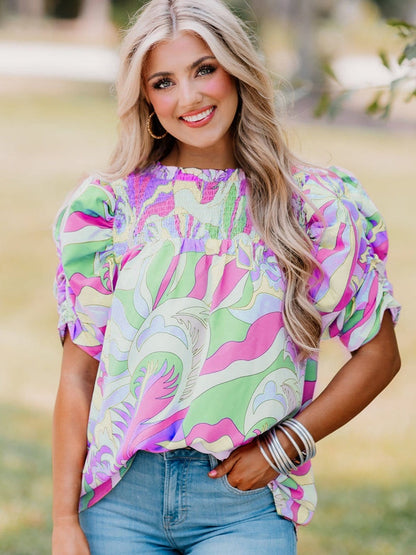 Abstract Green Bubble Sleeve Smocked Blouse with Unique Print