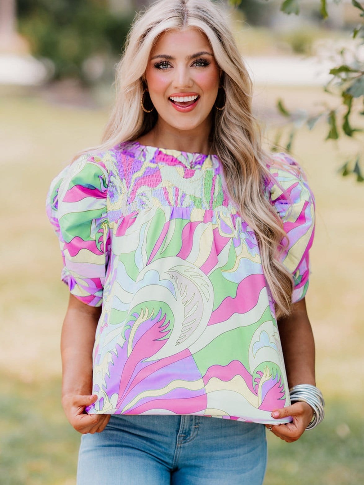 Abstract Green Bubble Sleeve Smocked Blouse with Unique Print