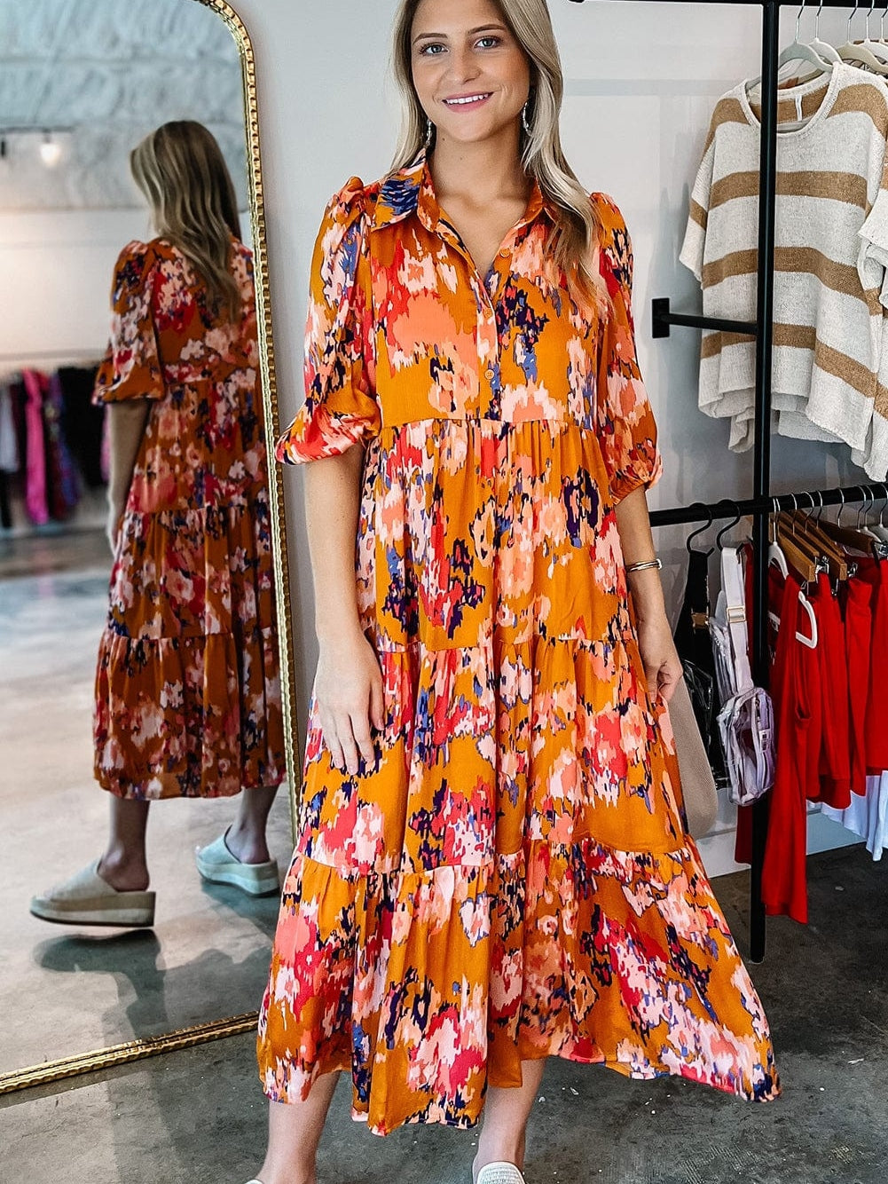 Abstract Orange Print Tiered Maxi Dress with Buttoned Half Sleeves