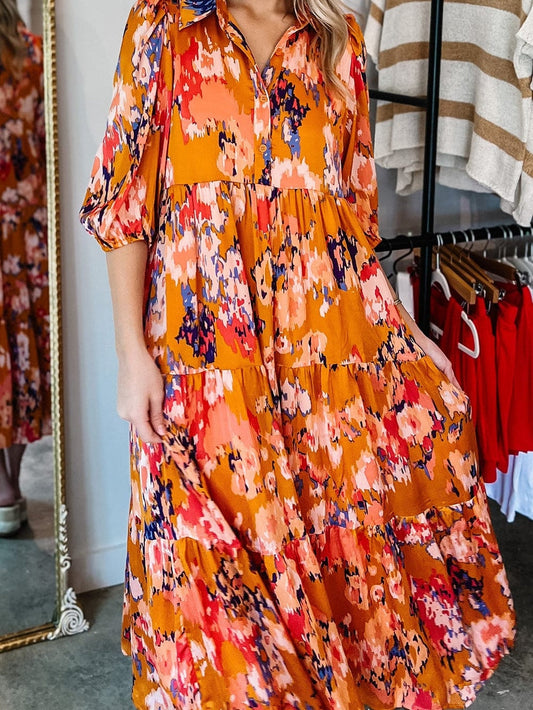 Abstract Orange Print Tiered Maxi Dress with Buttoned Half Sleeves