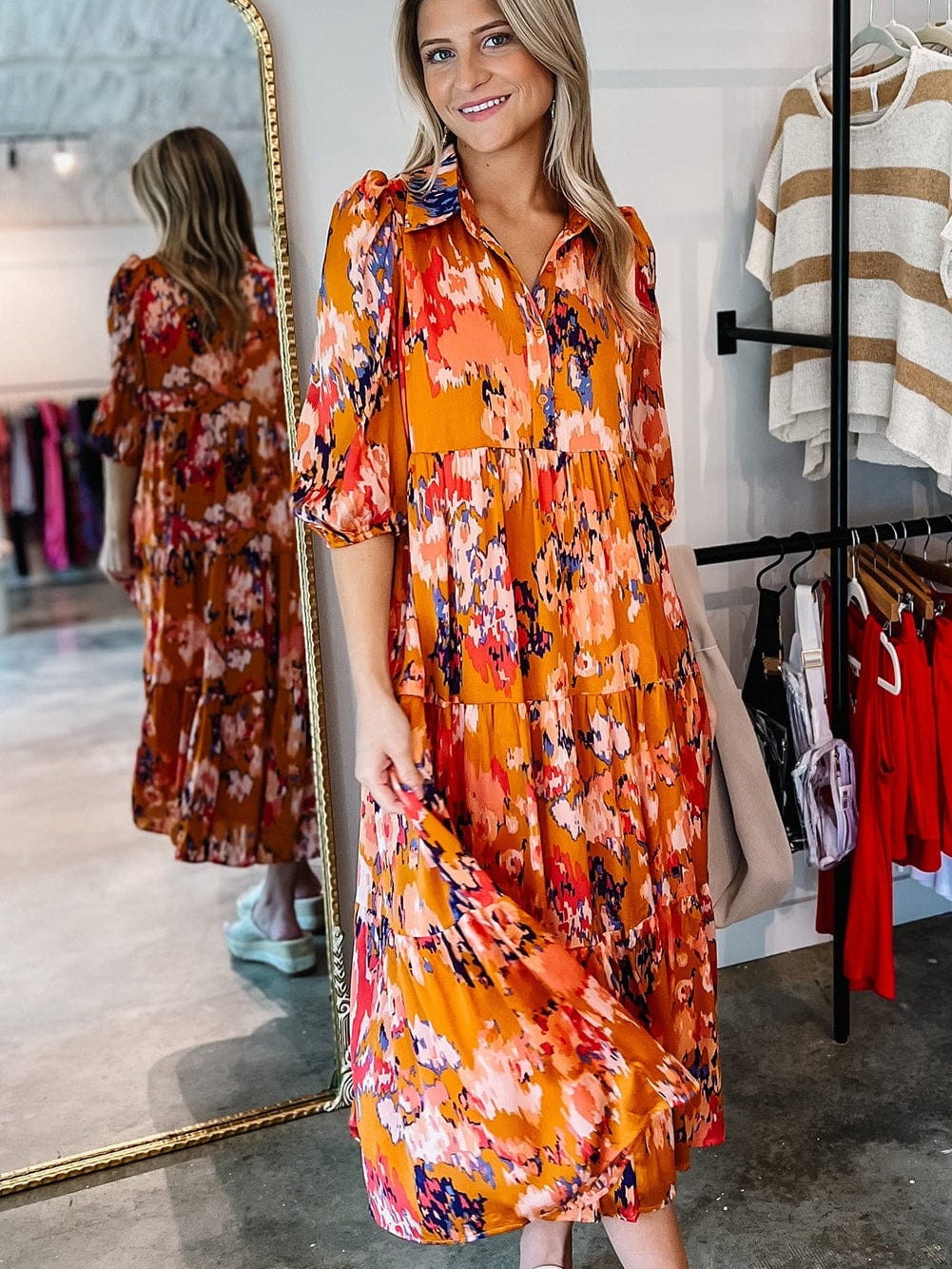 Abstract Orange Print Tiered Maxi Dress with Buttoned Half Sleeves