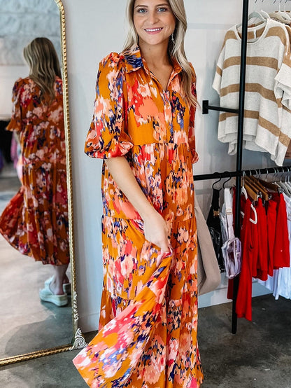 Abstract Orange Print Tiered Maxi Dress with Buttoned Half Sleeves