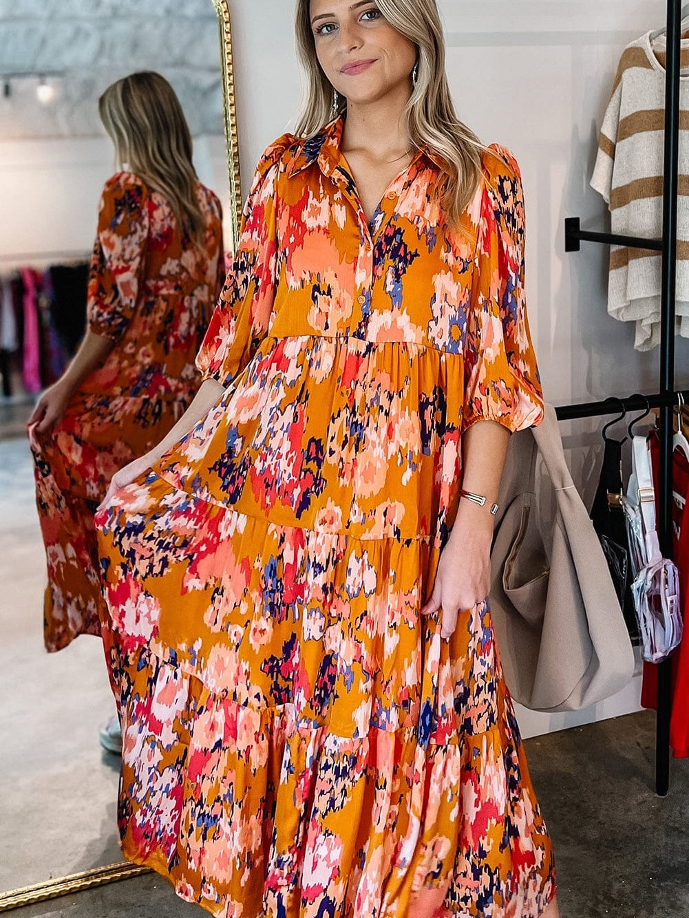 Abstract Orange Print Tiered Maxi Dress with Buttoned Half Sleeves