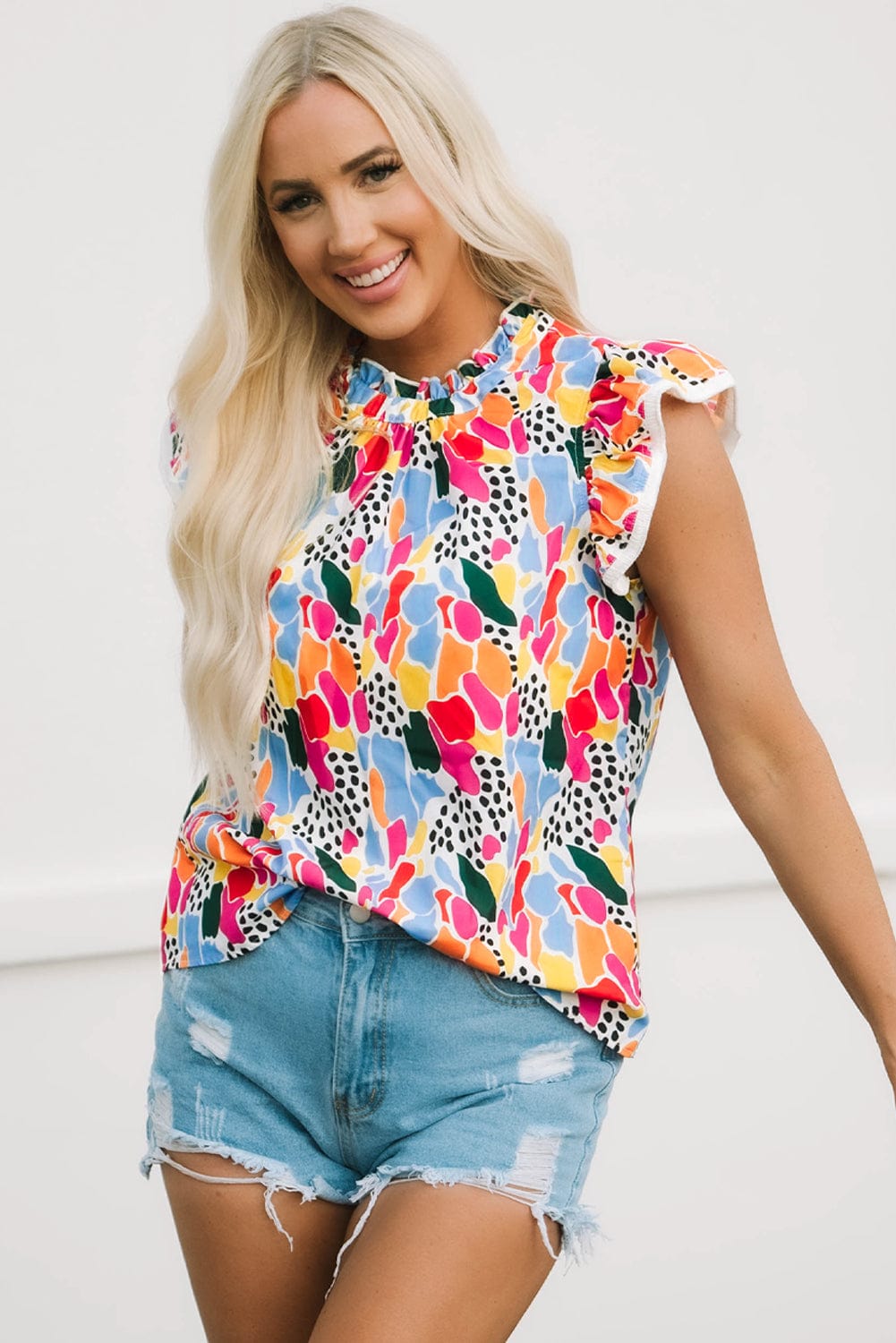 Abstract Print High Neck Flutter Sleeves Summer Top in Multicolor