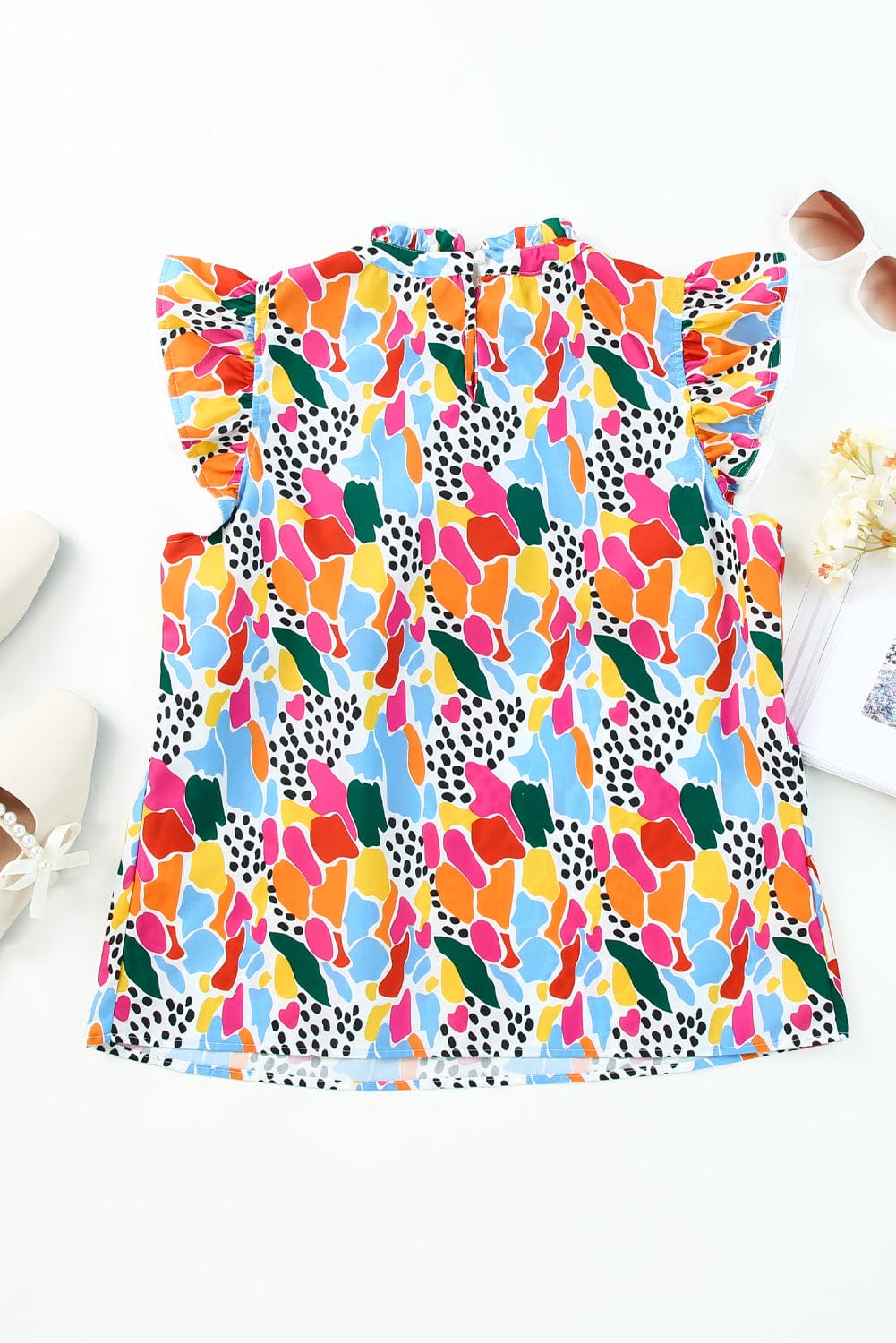 Abstract Print High Neck Flutter Sleeves Summer Top in Multicolor