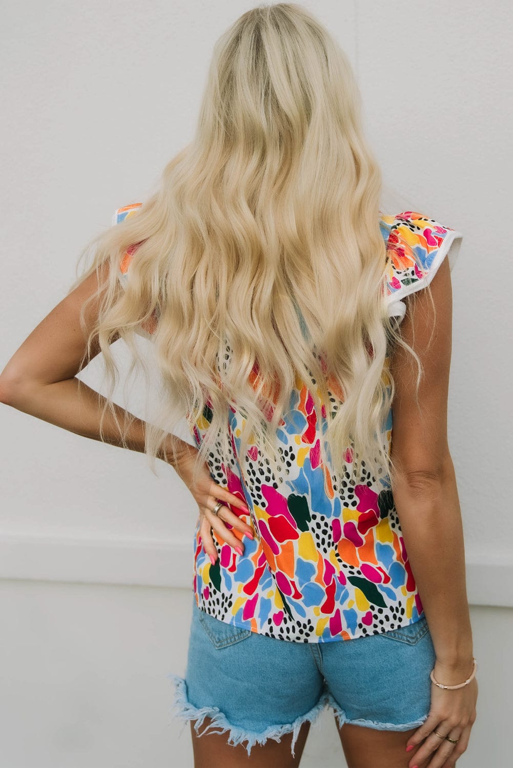 Abstract Print High Neck Flutter Sleeves Summer Top in Multicolor