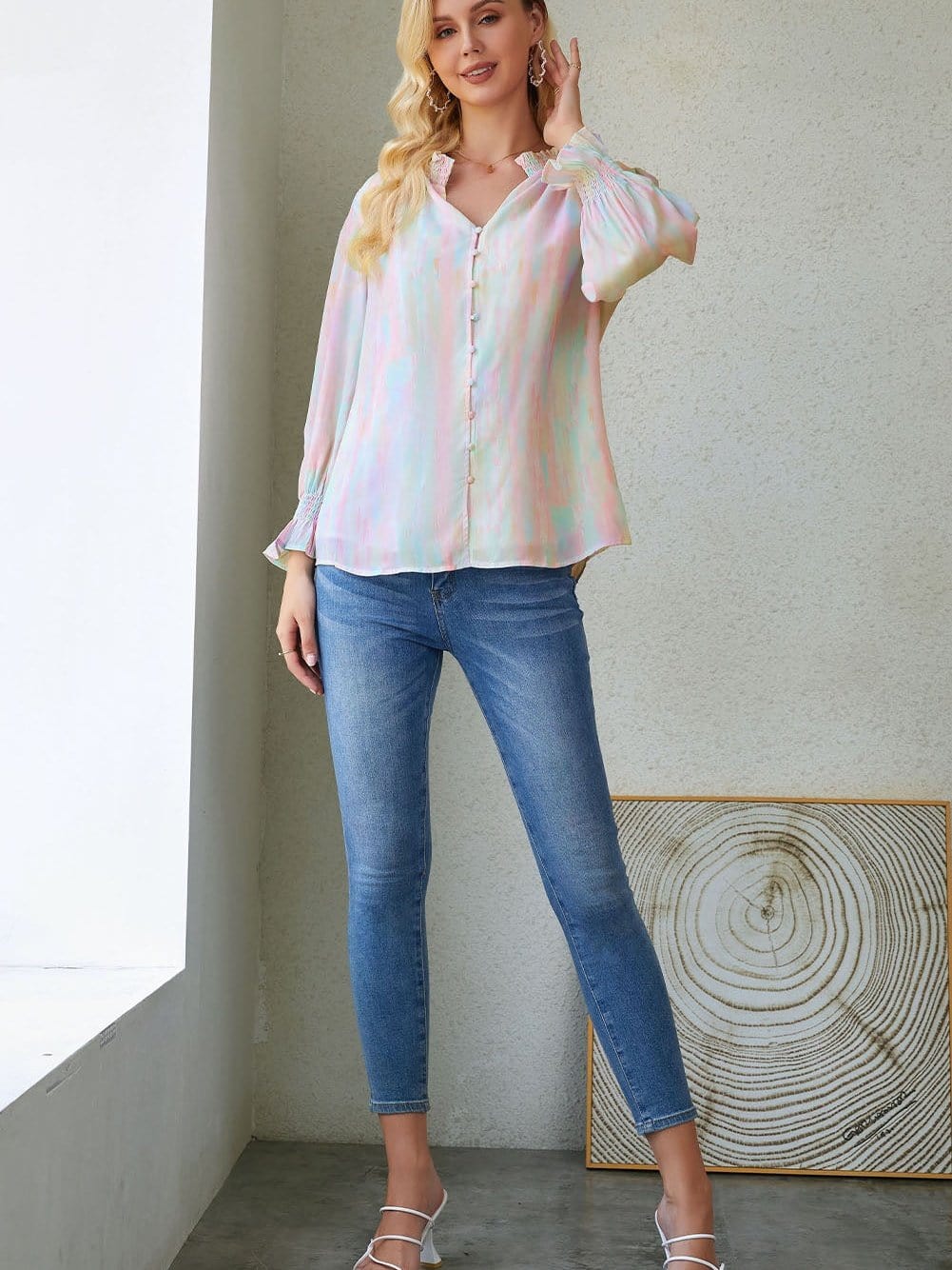 Abstract Print Multicolor Frill Detail Long Sleeve Button-Up Top