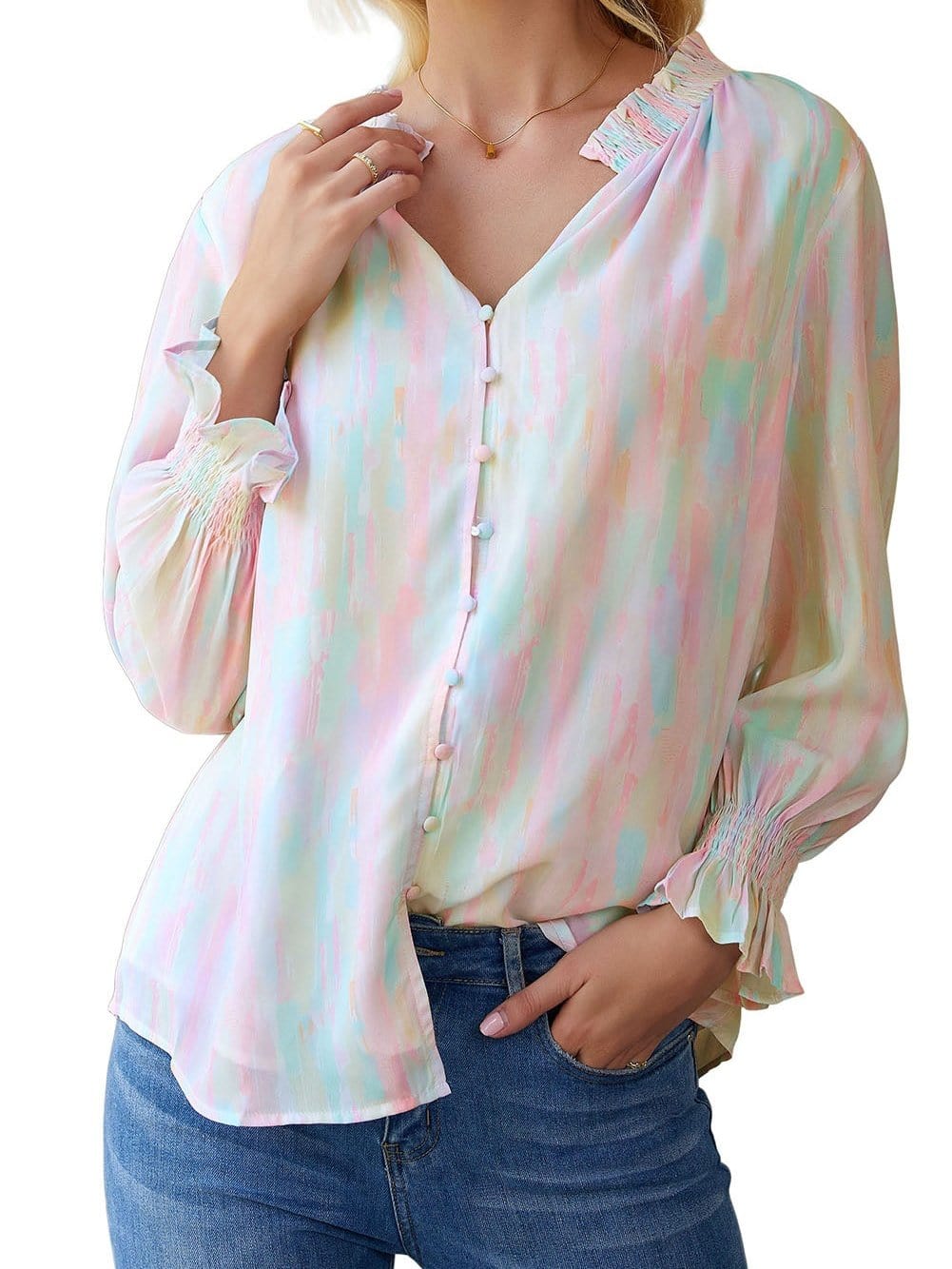 Abstract Print Multicolor Frill Detail Long Sleeve Button-Up Top