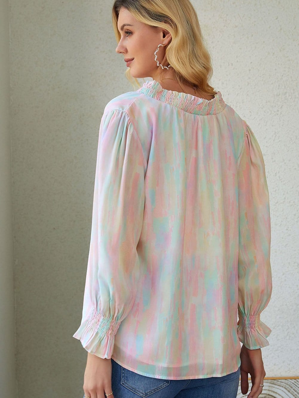 Abstract Print Multicolor Frill Detail Long Sleeve Button-Up Top