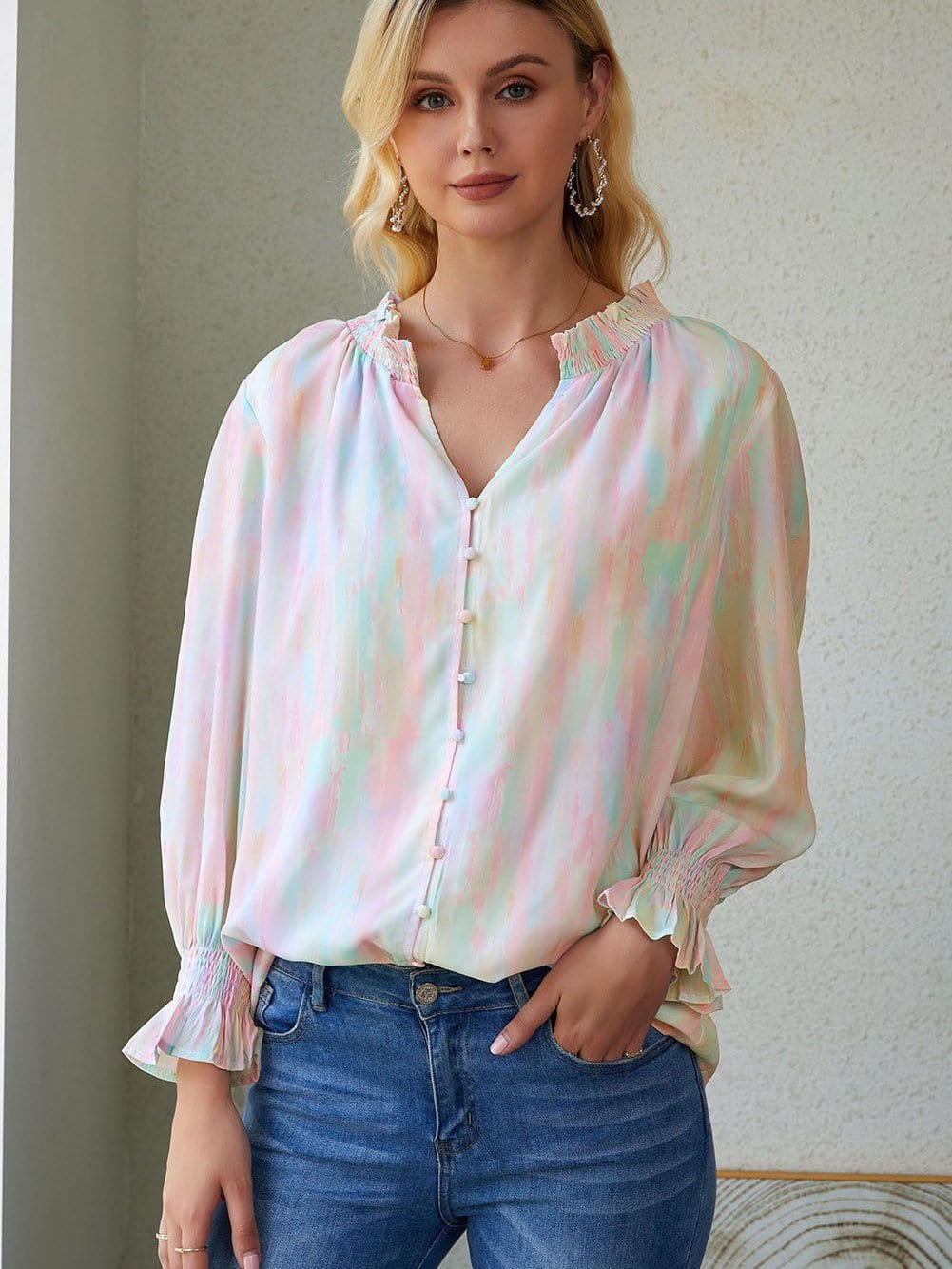 Abstract Print Multicolor Frill Detail Long Sleeve Button-Up Top