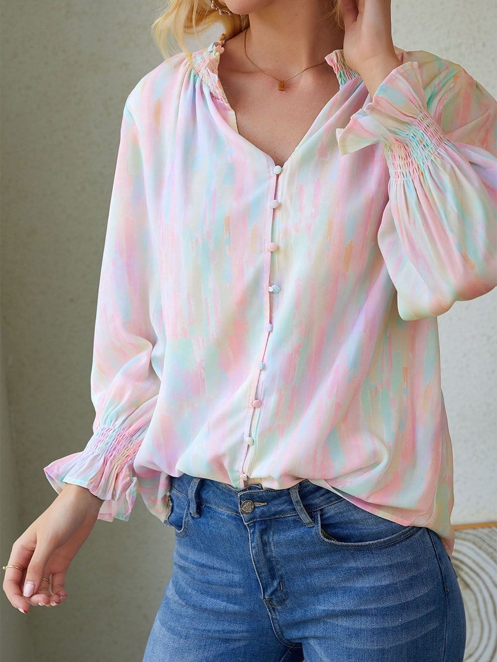 Abstract Print Multicolor Frill Detail Long Sleeve Button-Up Top