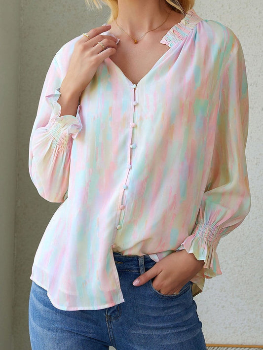 Abstract Print Multicolor Frill Detail Long Sleeve Button-Up Top