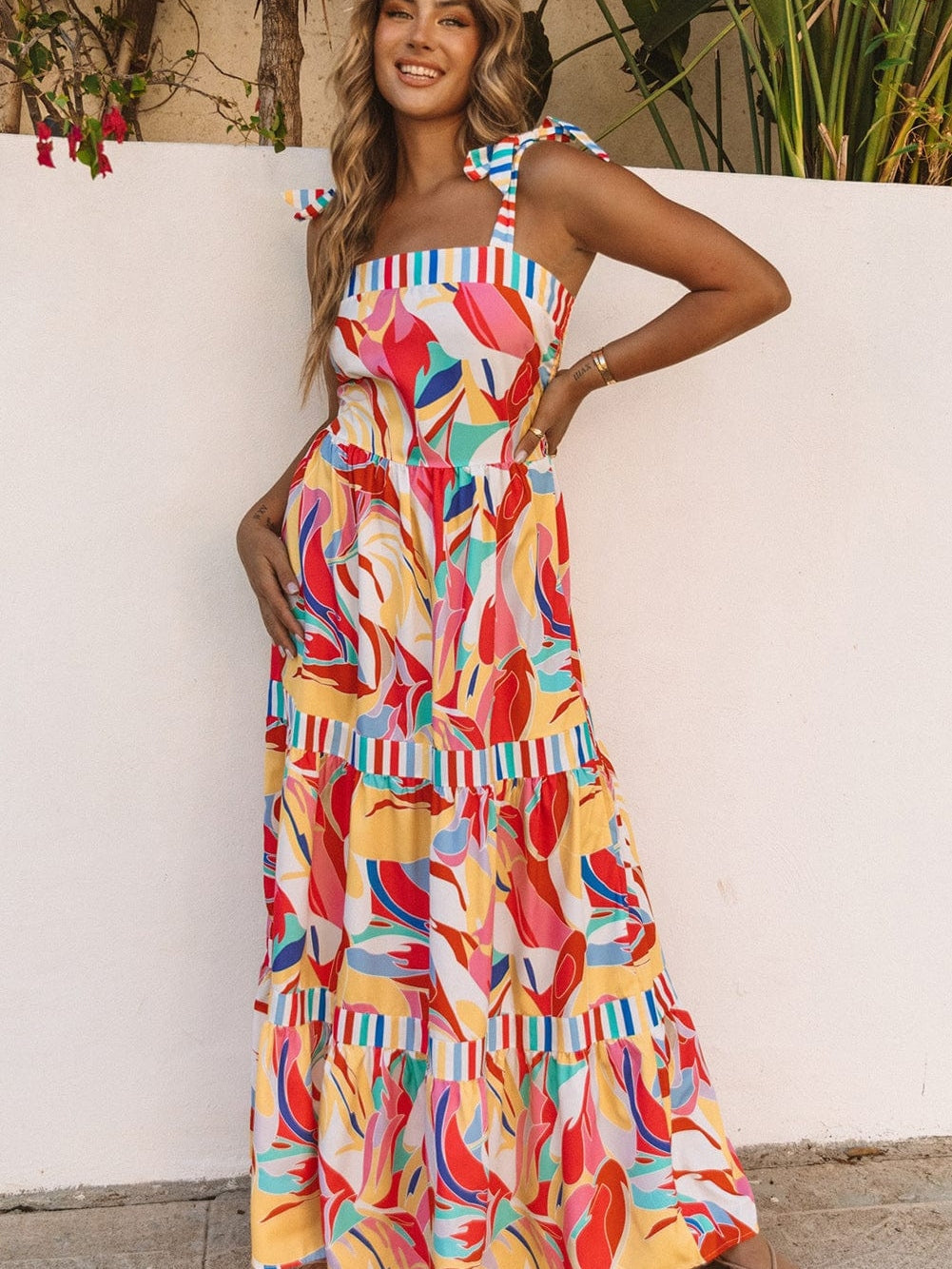 Abstract Print Multicolor Striped Trim Boho Maxi Dress