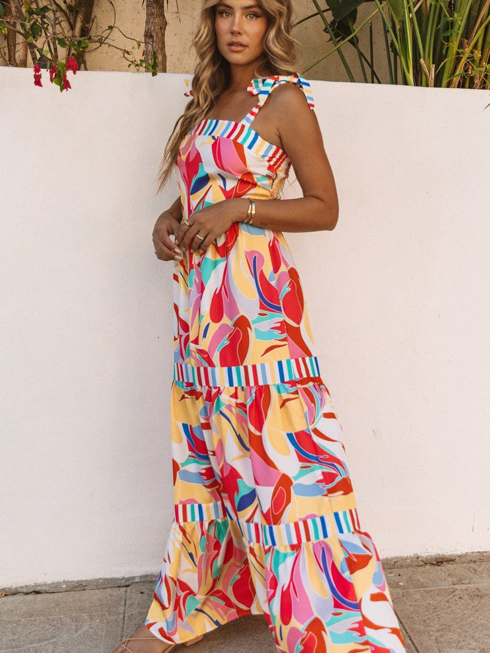 Abstract Print Multicolor Striped Trim Boho Maxi Dress