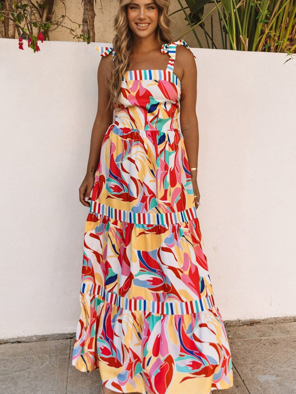 Abstract Print Multicolor Striped Trim Boho Maxi Dress