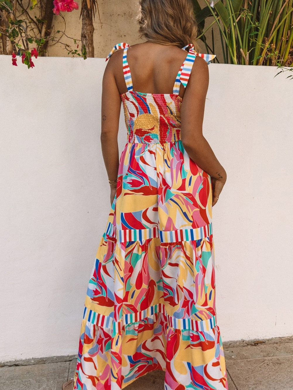 Abstract Print Multicolor Striped Trim Boho Maxi Dress