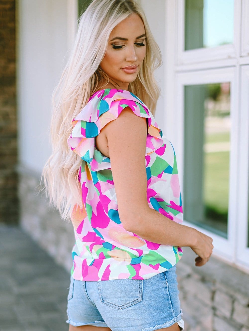 Abstract Print Tiered Ruffle Short Sleeve Blouse