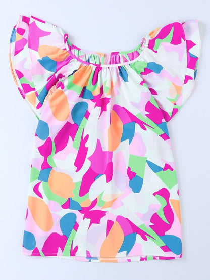 Abstract Print Tiered Ruffle Short Sleeve Blouse