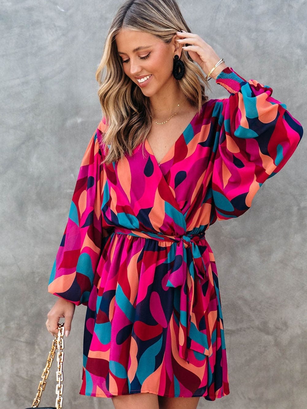 Abstract Red Print Belted Puff Sleeve Mini Dress with a Vibrant Touch